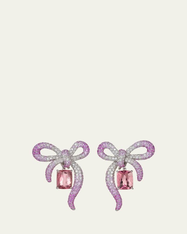 18K White Gold, Pink Tourmaline, and Diamond Bow Earrings